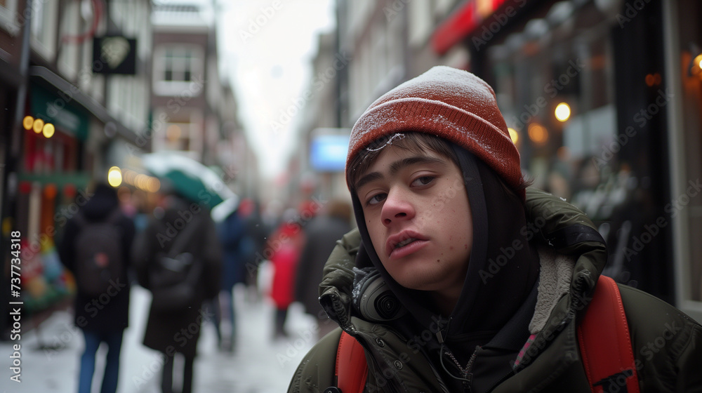 Street photography of a young man with Down syndrome wearing hip hop clothing, daily life concept.