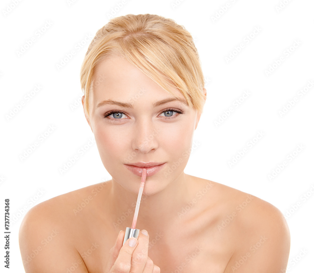 Woman, portrait and lip gloss with makeup for cosmetics in studio with happiness, morning routine and mouth. Model, person and smile with beauty product for cosmetology and shine on white background Woman, portrait and lip gloss with makeup for cosmetics in studio with happiness, morning routine and mouth. Model, person and smile with beauty product for cosmetology and shine on white background