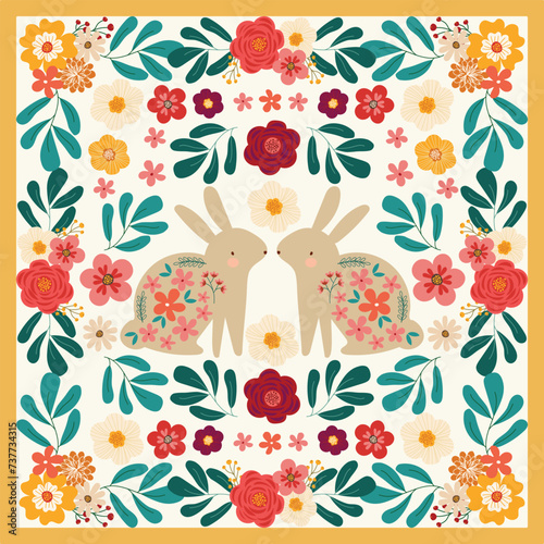 spring easter cute bunnys in fowers frame border hand drawn vector illustration for decoration invitation greeting birthday party celebration wedding card poster banner textiles wallpaper background