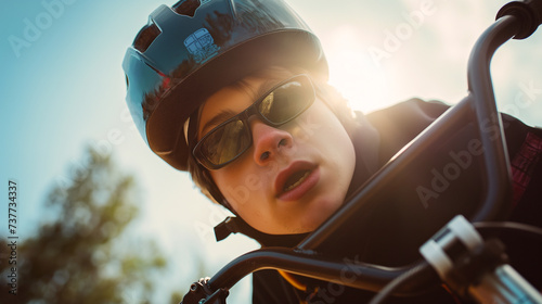 Photo Face of a young man doing extreme sports on a BMX bike.