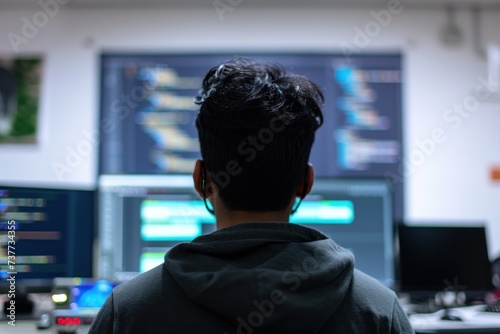 Back view of a man working on coding computer 