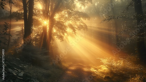 A misty forest path at sunrise with rays of light filtering through the trees  creating a magical and serene ambiance. Generative AI.