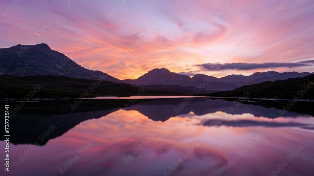 Twilight hues silhouette rugged peaks against a vivid sky, pure tranquility