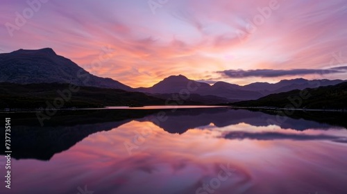Twilight hues silhouette rugged peaks against a vivid sky  pure tranquility