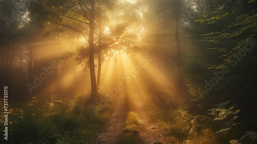 A misty forest path at sunrise with rays of light filtering through the trees, creating a magical and serene ambiance. Generative AI. © visoot