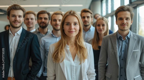 Group of employees in casual business clothes standing in an office room. Generative AI.