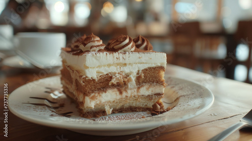 A closeup of a delicious tiramisu detailed texture visible set in a warm inviting cafe ambiance for advertising