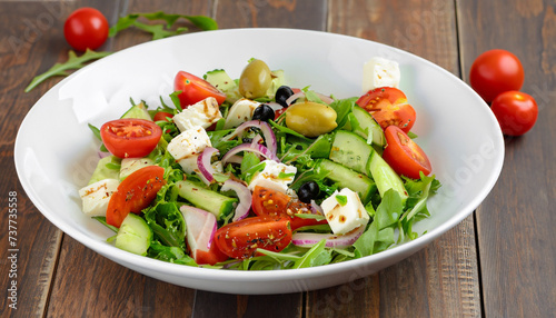 Fresh healthy vegetable salad made of cherry tomato, ruccola, arugula, feta, olives, cucumbers, onion and spices. Greek, Caesar salad in a white bowl on wooden background.