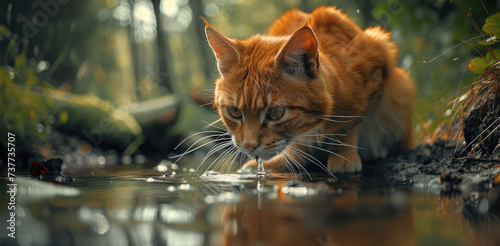 A wild cat with fire colored fur crouched next to a river drinking water in a forest. Generative AI.