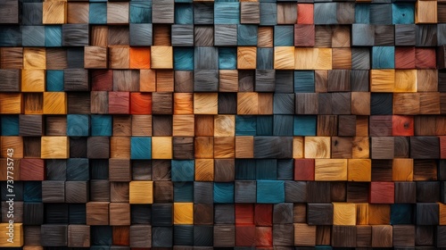 Abstract block stack of aged wood textures adorning the wall, evoking artistic architecture, Ai Generated.