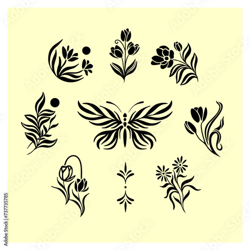 Hand drawn flower silhouette elements