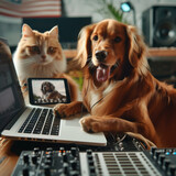 A dog using a laptop to compose music with a cat editing the video on a tablet creating viral content for the animal world