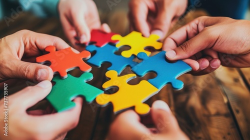 Hands join puzzle pieces in office, symbolizing teamwork & partnership, Ai Generated.