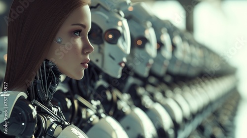 Cyborg woman stands amidst a row of robots in the background, Ai Generated.