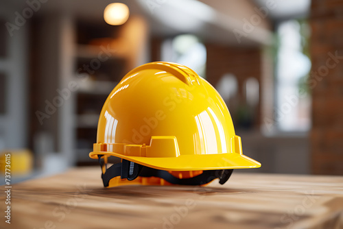 Yellow safety helmet on wooden table in office. 3d rendering.