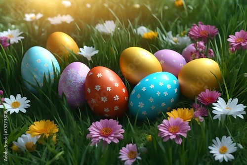 Easter eggs decorated with flowers in the grass