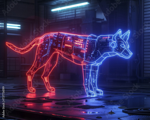 A futuristic neon cyber dog patrols a dark digital world ensuring unparalleled VR security © BussarinK