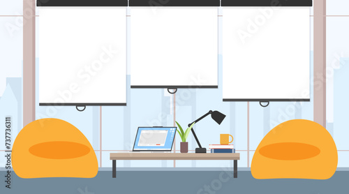 Office interior of relaxing zone, Business lounge zone for employee, Modern office interior with high floor sky view, Office background illustration.