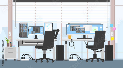 Contemporary workspace office desk with curtain, Empty coworking area, Modern office room interior, City view office place, Office background illustration.