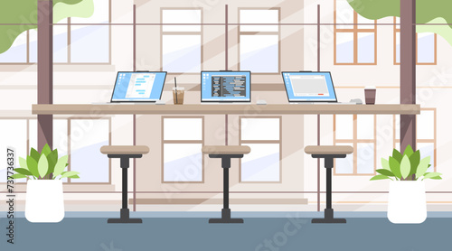 Coworking space with no people, Working place on coffee shop, Work from anywhere, Open space for coworking business office.