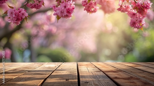 An empty wooden table  a serene canvas  with a blurred sakura tree garden  Ai Generated.