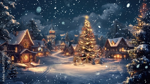 Vintage-style Christmas village twinkles at night, a fairy-tale snow wonderland unfolds, Ai Generated.