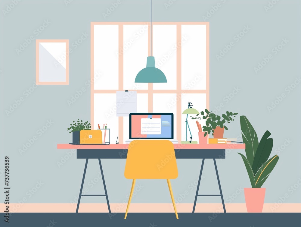 Room with a stylish, ergonomic workspace, a stunning view through a large window, and personal touches that suggest a work-life balance. Generative AI Room with a stylish, ergonomic workspace, a stunning view through a large window, and personal touches that suggest a work-life balance. Generative AI