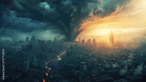 A massive tornado dominates the cityscape, a tempestuous storm swirling over the Earth, Ai Generated.