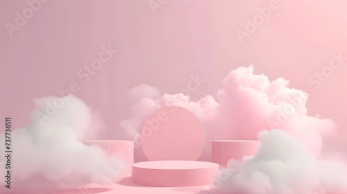 Pastel Pink 3D Podium: Cloudy Sky Background for Product Display © Muhammad