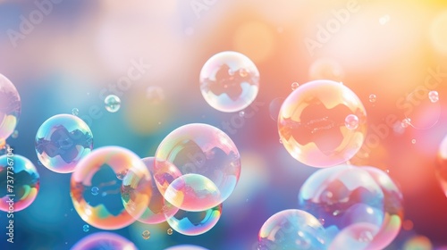 Big colorful soap bubbles create a whimsical scene against a blurred summer background. Ai Generated.