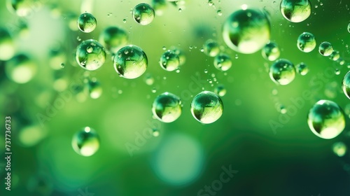 Close-up captures bright green water droplets suspended in the air, creating a bokeh effect. Ai Generated.