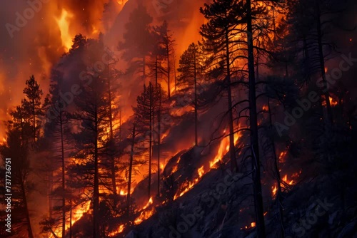 intensity of wildfires ravaging forests capturing the towering flames, billowing smoke photo