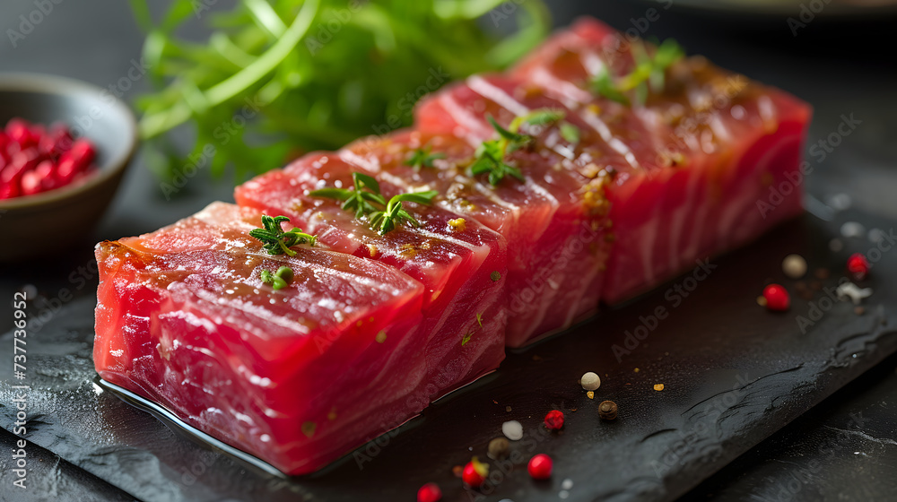 row of Bluefin Tuna Toro on a stone tray, food photography