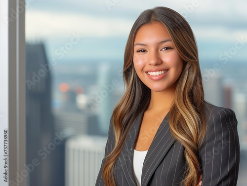 Young female businesswoman, with a bright, engaging smile. Dressed in a modern, professional business suit. Generative AI
