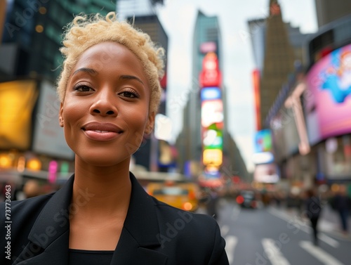 Young female businesswoman, with a bright, engaging smile. Dressed in a modern, professional business suit. Generative AI