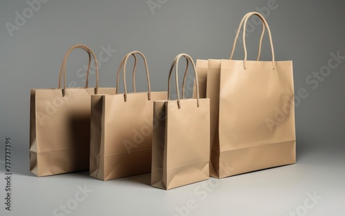 Unmarked paper shopping bags of different sizes neatly arranged, promotional discount background, eco-friendly shopping bags, seasonal promotion, summer sale