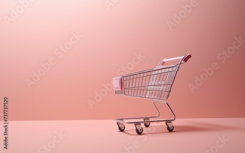 Isolated shopping cart on pink background with white space, online shopping promotion advertising, e-commerce, online shopping add to cart, seasonal promotion, summer sale