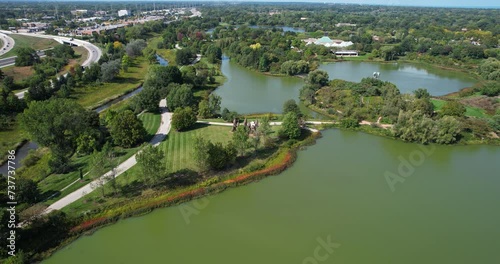 Aerial View of Chicago Botanical Garden Parks and Lakes, Glencoe, Illinois USA, Drone Shot photo