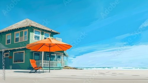 Illustration of Vintage Residential Building with Beach Setup  Orange Umbrella and Chair under Blue Sky