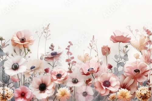 A blush watercolor painting of assorted flowers arranged in a border design on a white background. Generative AI.
