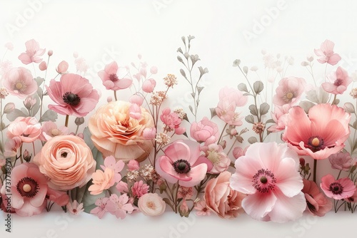A blush watercolor painting of assorted flowers arranged in a border design on a white background. Generative AI. © visoot