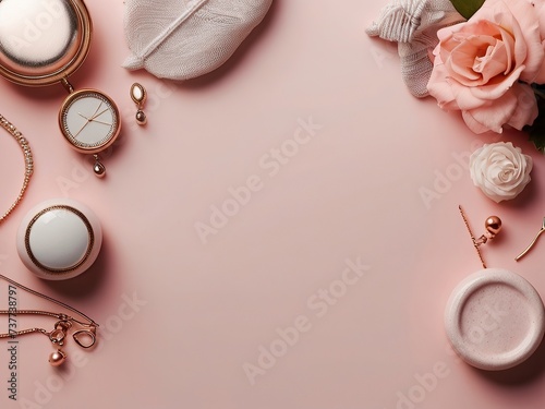 Abstract 3d feminine elements on a flower colorful product presentation with geometric shapes background