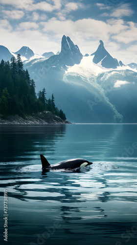 Stunning Display of Orcas in Majestic Fjord Landscape: An Exquisite Exhibition of Nature's Unspoiled Beauty and Wildlife Harmony