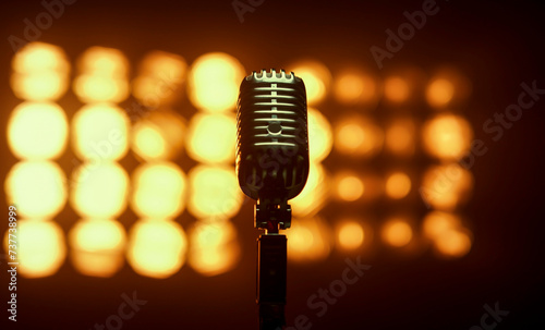 Retro microphone against orange background. Professional concert vintage glare microphone. Mic for record or speak to audience on stage in empty retro club close up.