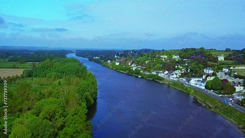 Picturesque aerial clip of the River Vienne near the historic town of Chinon Picturesque aerial clip of the River Vienne near the historic town of Chinon