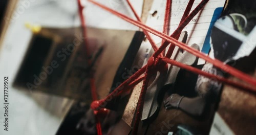 Blurred investigation board with interconnected pictures and documents, tied together by red strings, creating an enigmatic and mysterious atmosphere photo