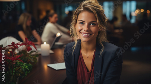 A beautiful young blonde woman talking on phone in the office. receptionist working at the reception desk table in a hotel.