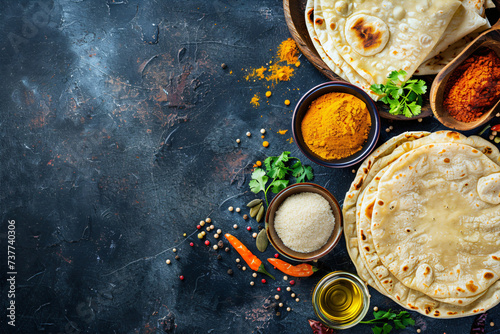 Holi Festival Food - Puran Poli is an Indian sweet flatbread. Holi or Gudi Padva festival. Recipe ingredients. Copy space. photo