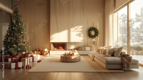Minimalist color palette. Spacious living room. Christmas tree. fireplace. Gift boxes. Generative AI.