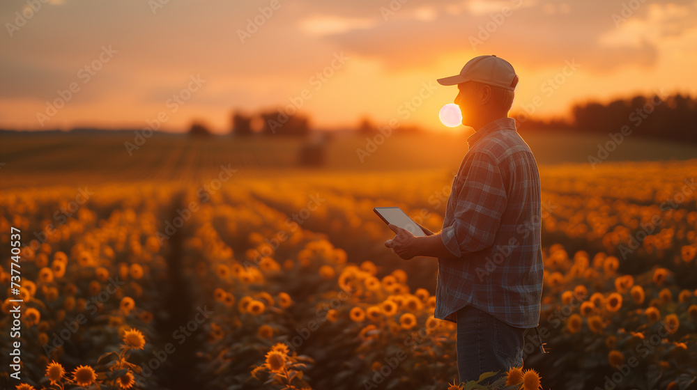 Fototapeta premium A thoughtful a male farmer standing and using tablet to monitor crop growth in a field with agricultural machinery in the background.